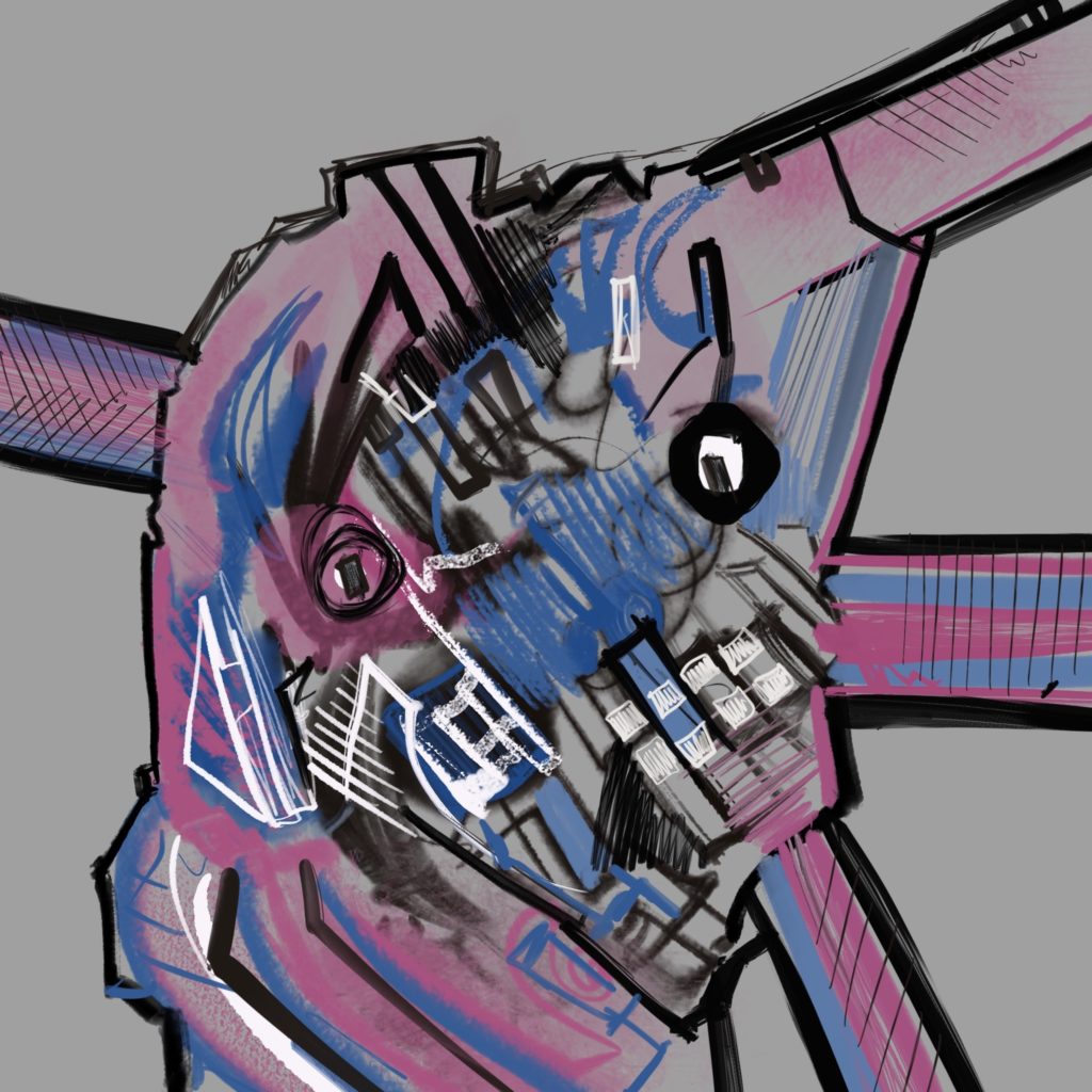 Strange pink and blue skull doodle