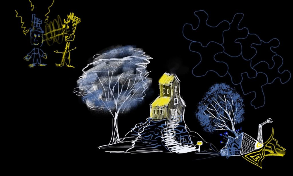 Yellow and blue sketchy doodle tree, building, another tree