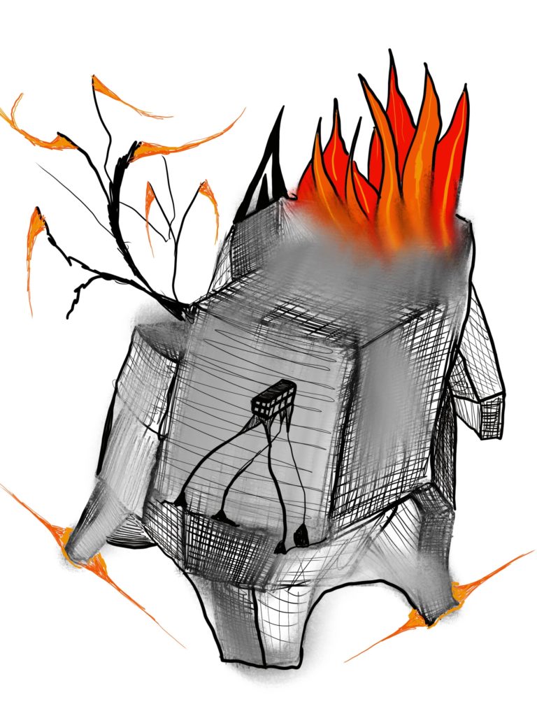 doodle in procreate, box, flames, and strange trees