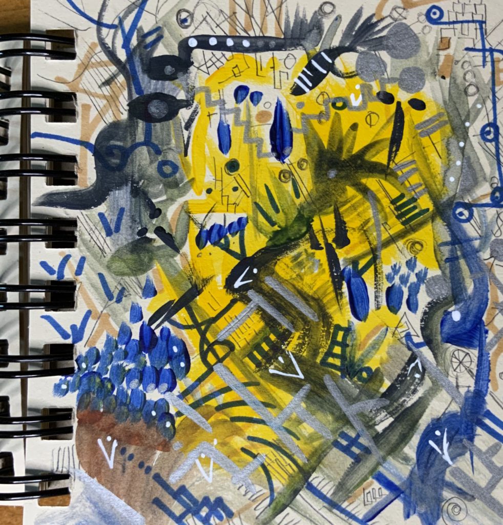 doolde with black ink, yellow and blue pain, no real things, just lines and shapes