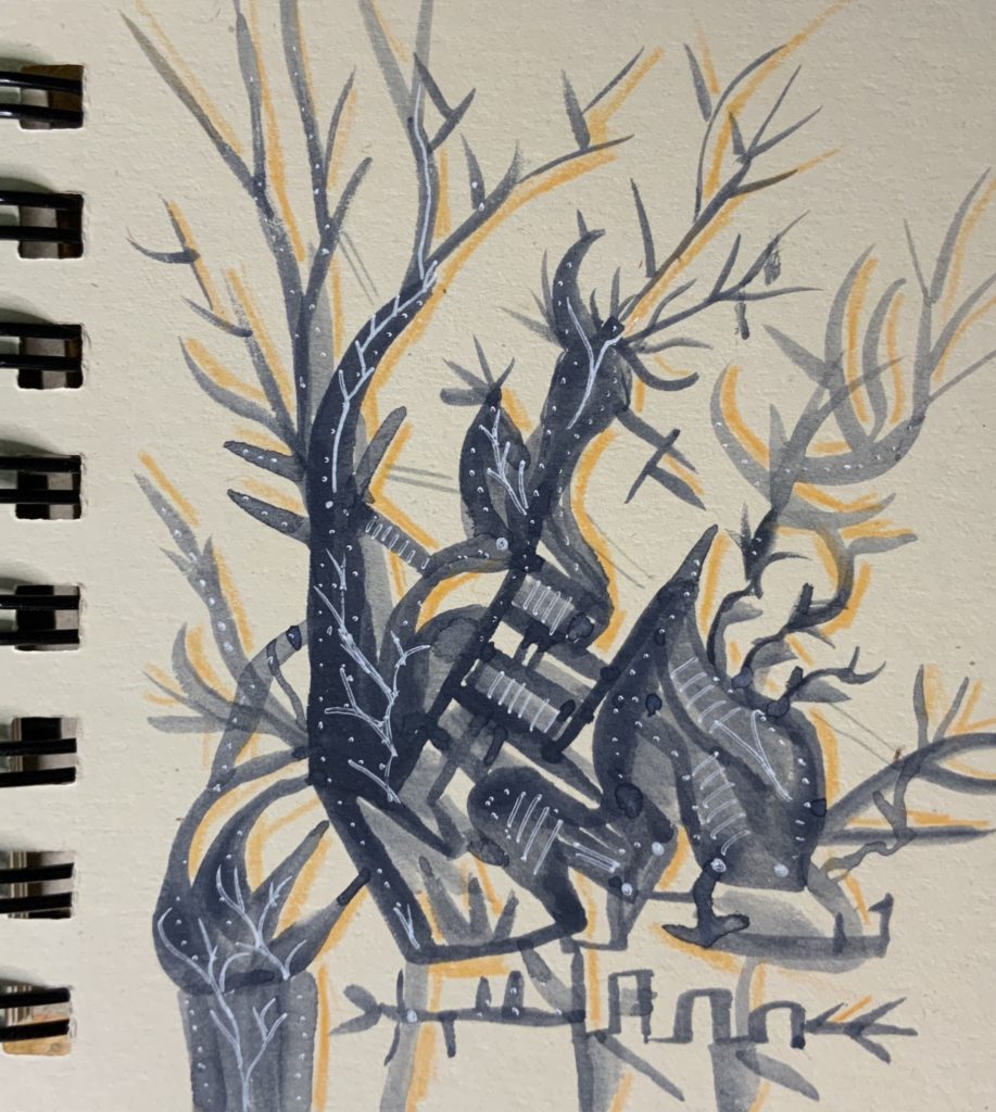 Blue, gray trees with marker