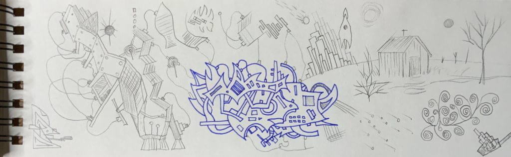 random doodles in blue pen and pencil