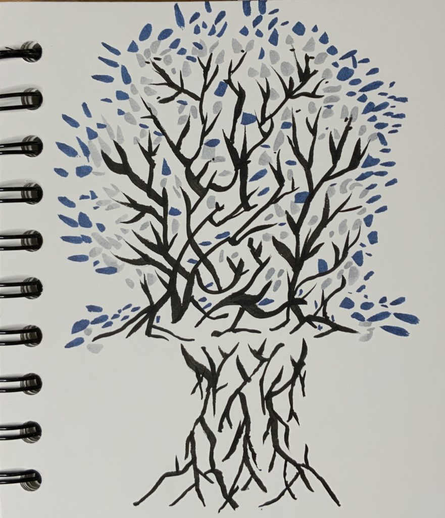random doodled tree with blue leaves