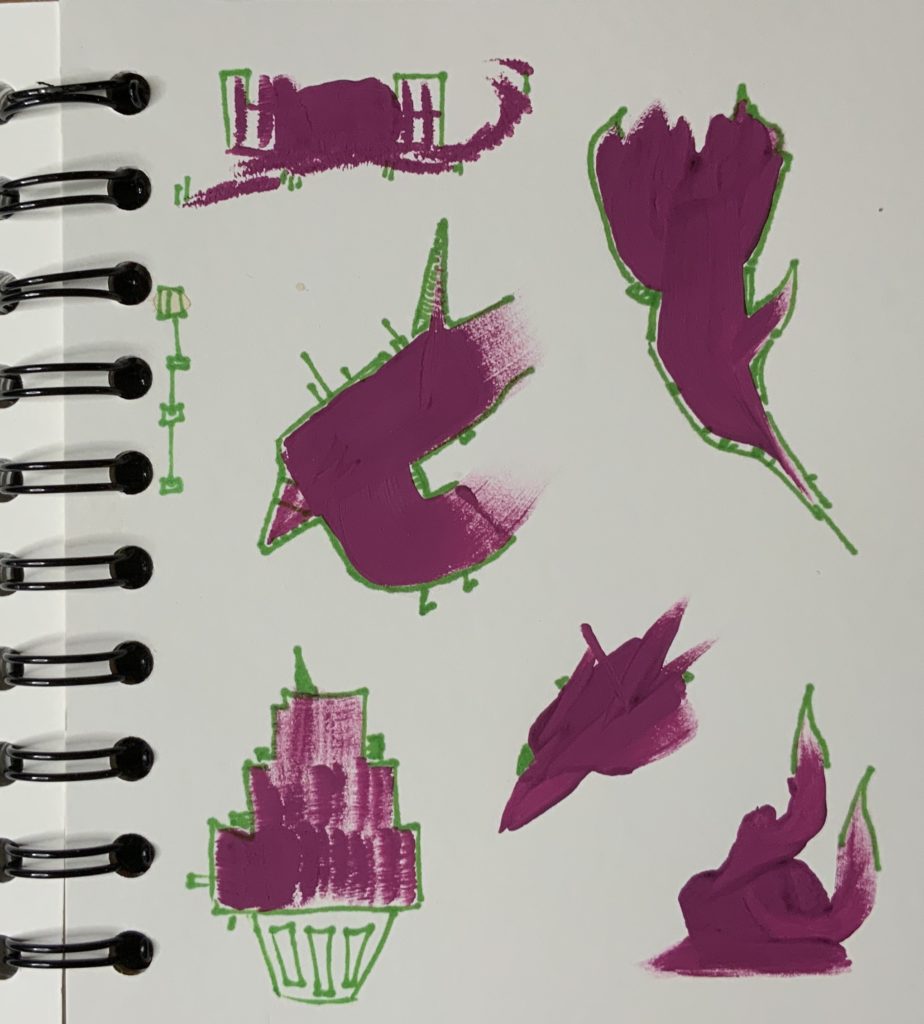 strange green pen doodles filled with purple paint