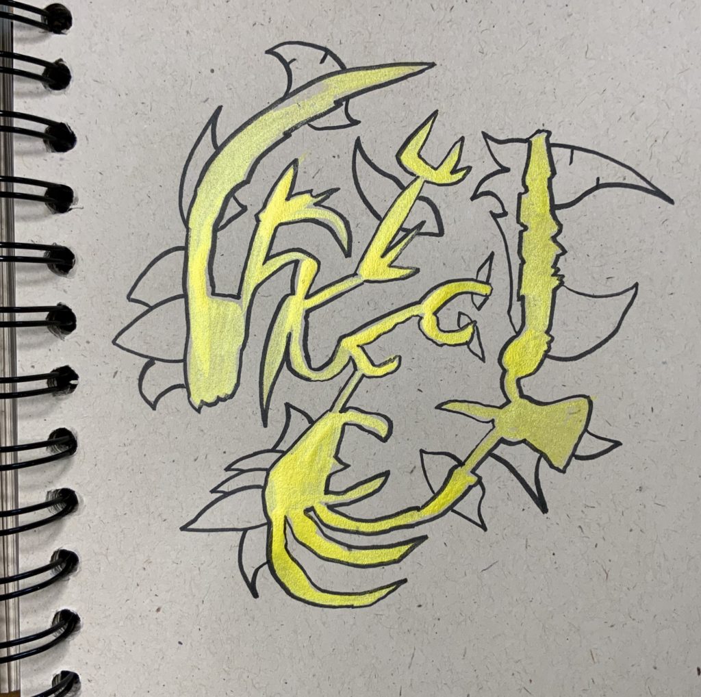 yellow pearlescent ink, black pen outline, weird shapes