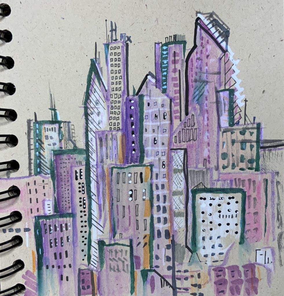 another cityscape doodled mostly pinks and purples