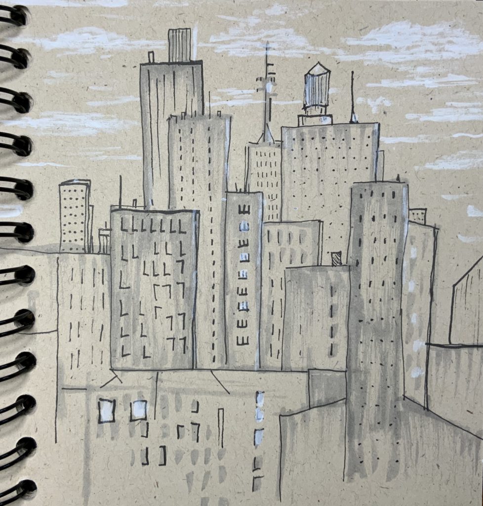 cityscape with white clouds mostly pen and marker