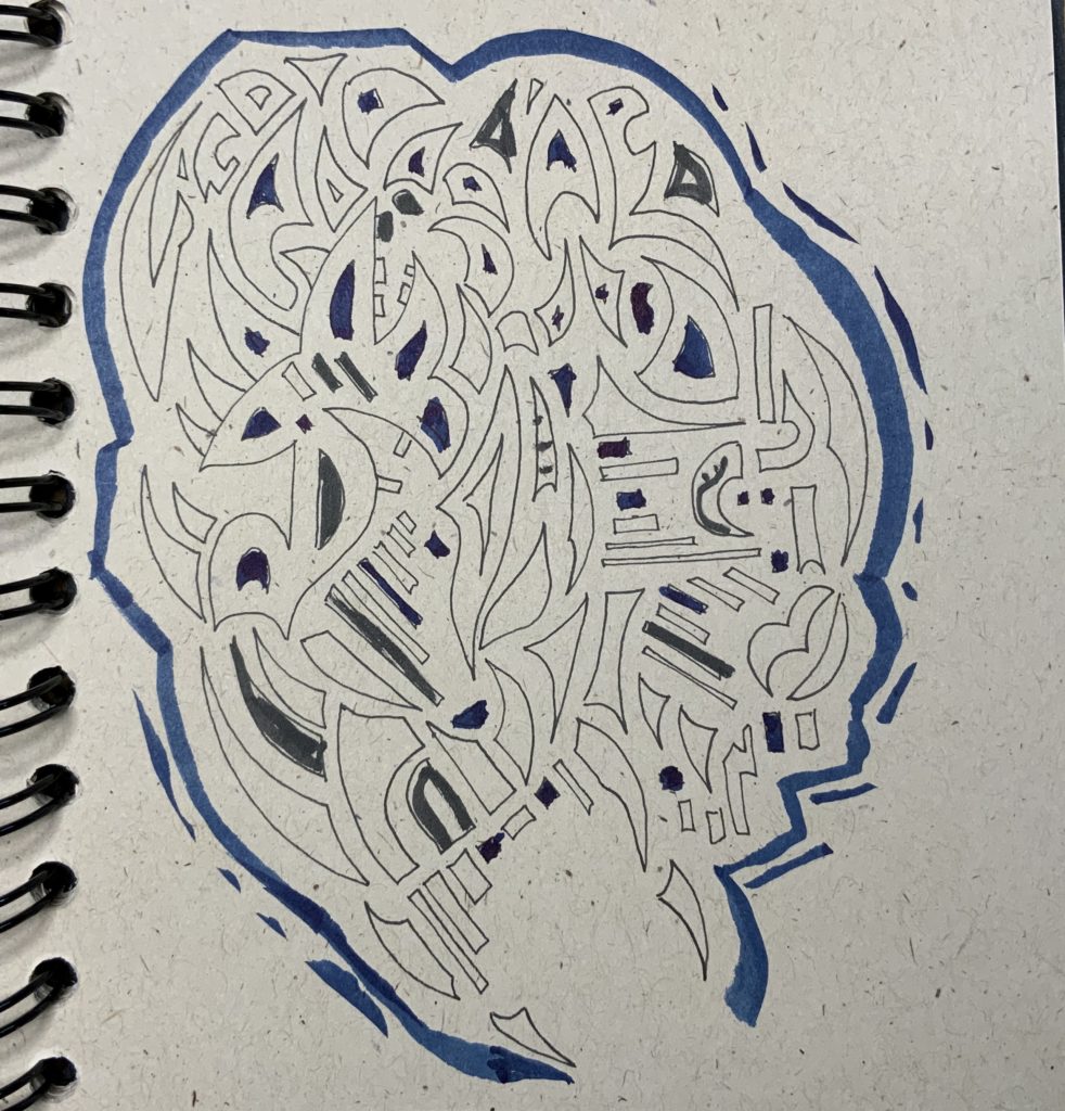 random doodled shapes in black pen and blue marker