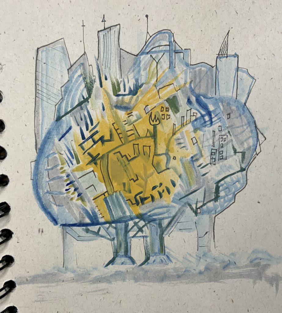 random doodle and sketch yellow and blue paint