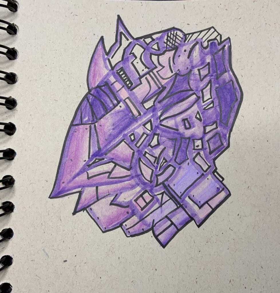 doodle of a purple ship, black lines, pink and purple marker