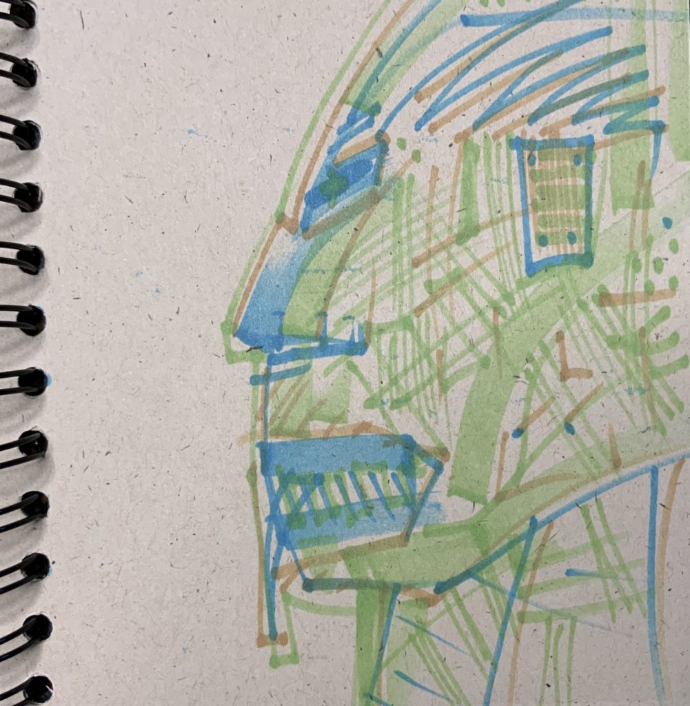 random angry face doodle in marker green and blue