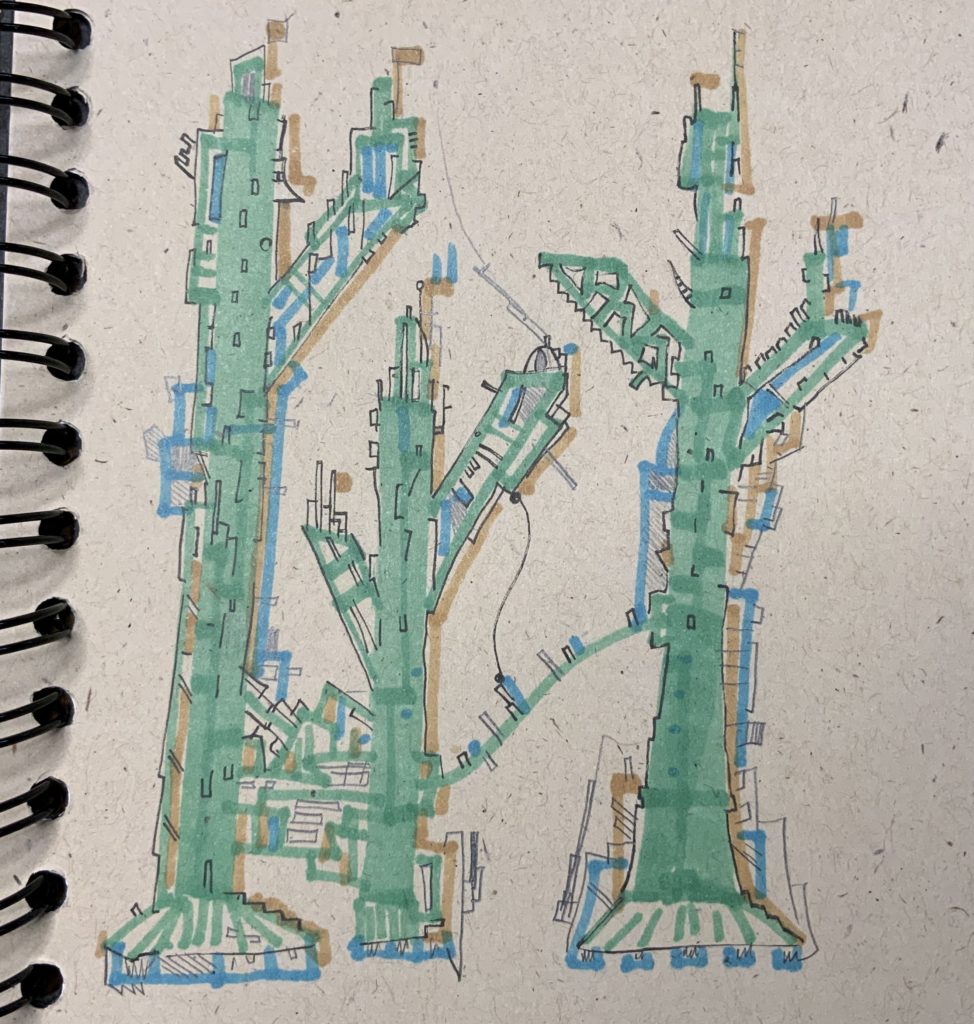 weird towers doodle in pen, mostly filled with green marker