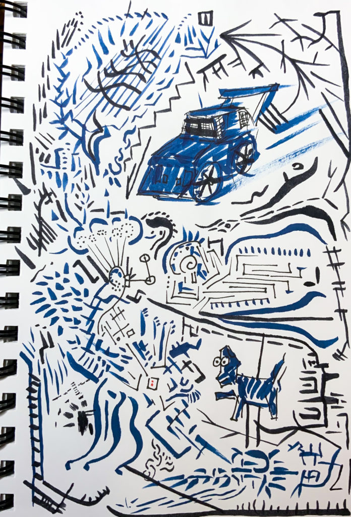 random doodle in blue and black ink