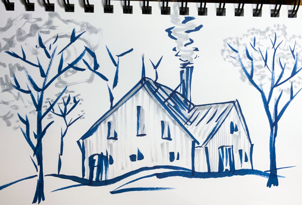 doodle of a house and a few trees in blue marker