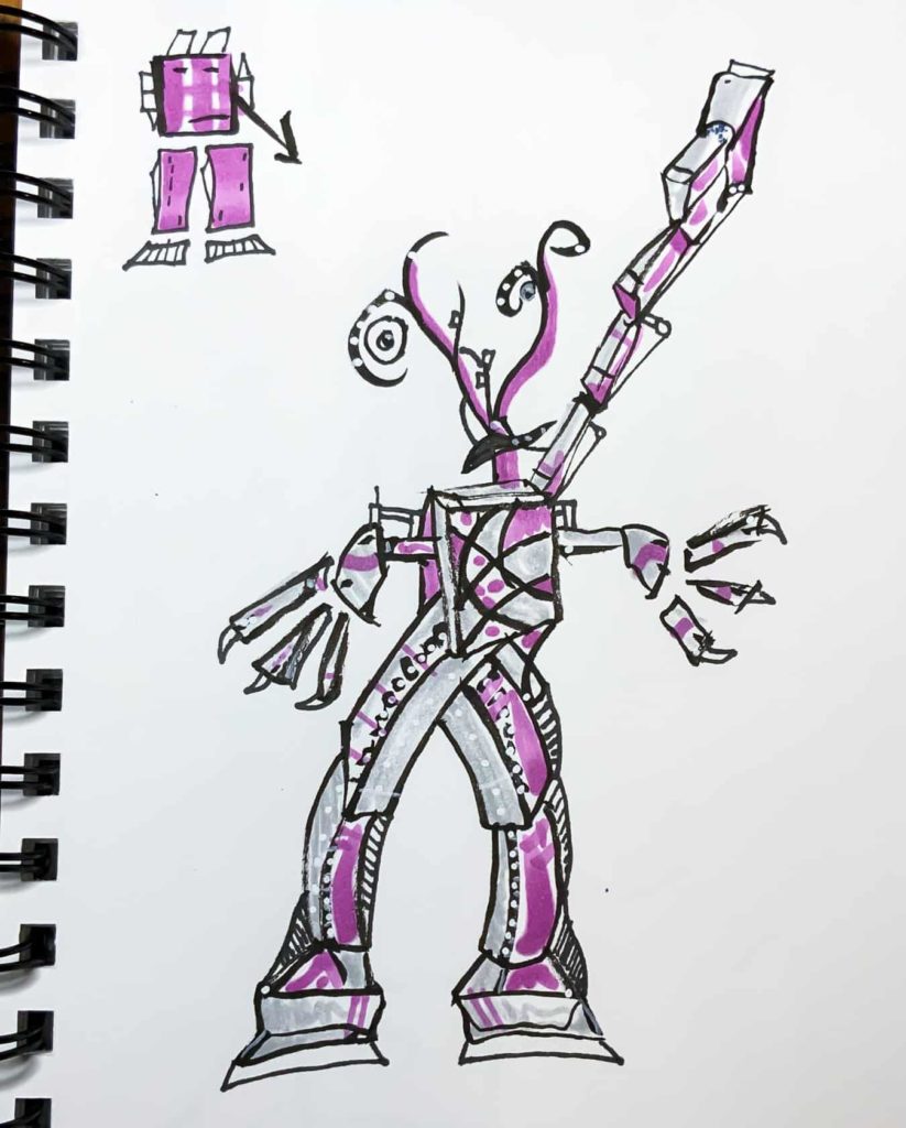 pink robot doodle in marker