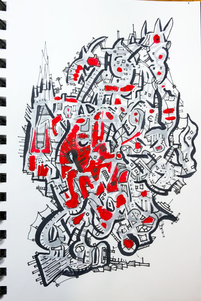 black line random doodles with some red marker