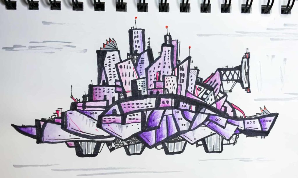 Floating city thing in purples and pinks