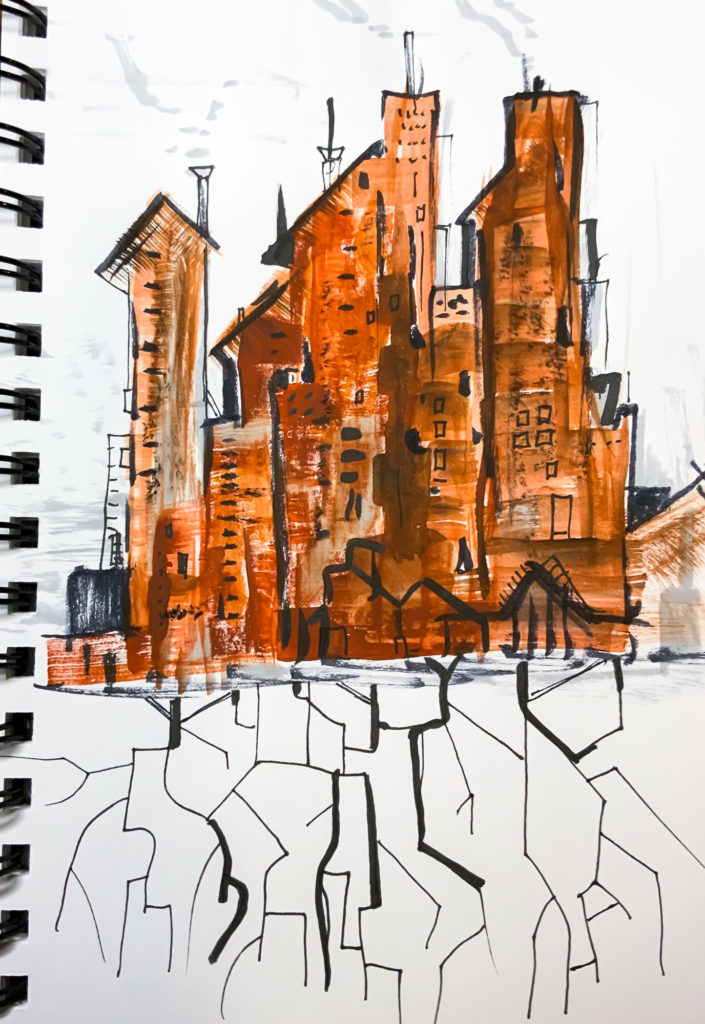 doodled cityscape with paint and ink