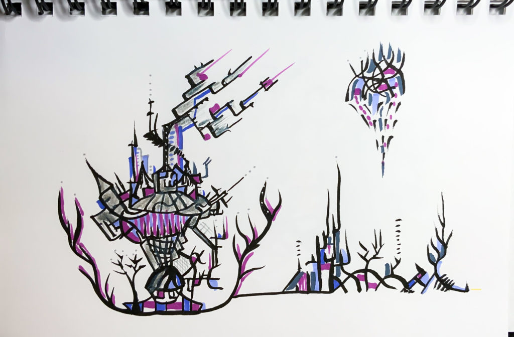 Something floating doodles in black pen and pink and blue marker