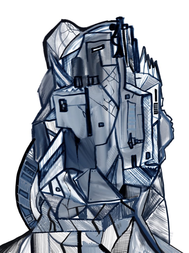 blue and gray doodle tower in Procreate