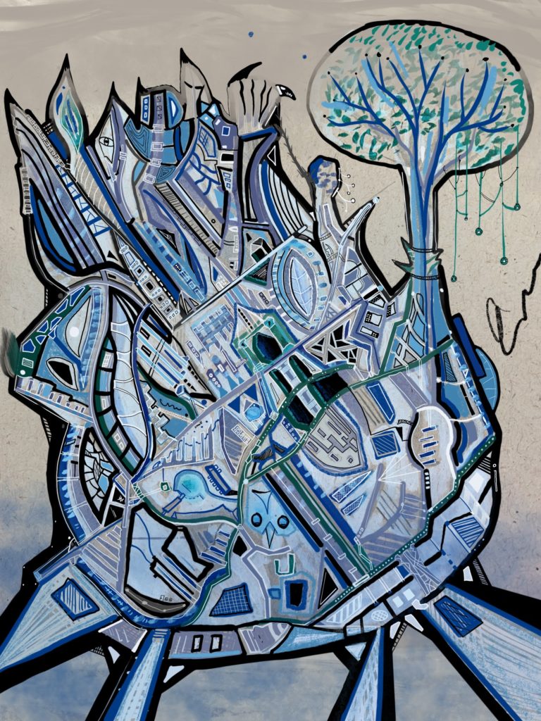 Blue tree doodled with marker and pen, then stuff added in Procreate