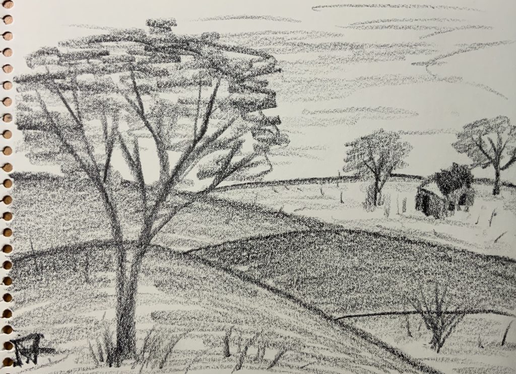 cabin and tree sketched in pencil