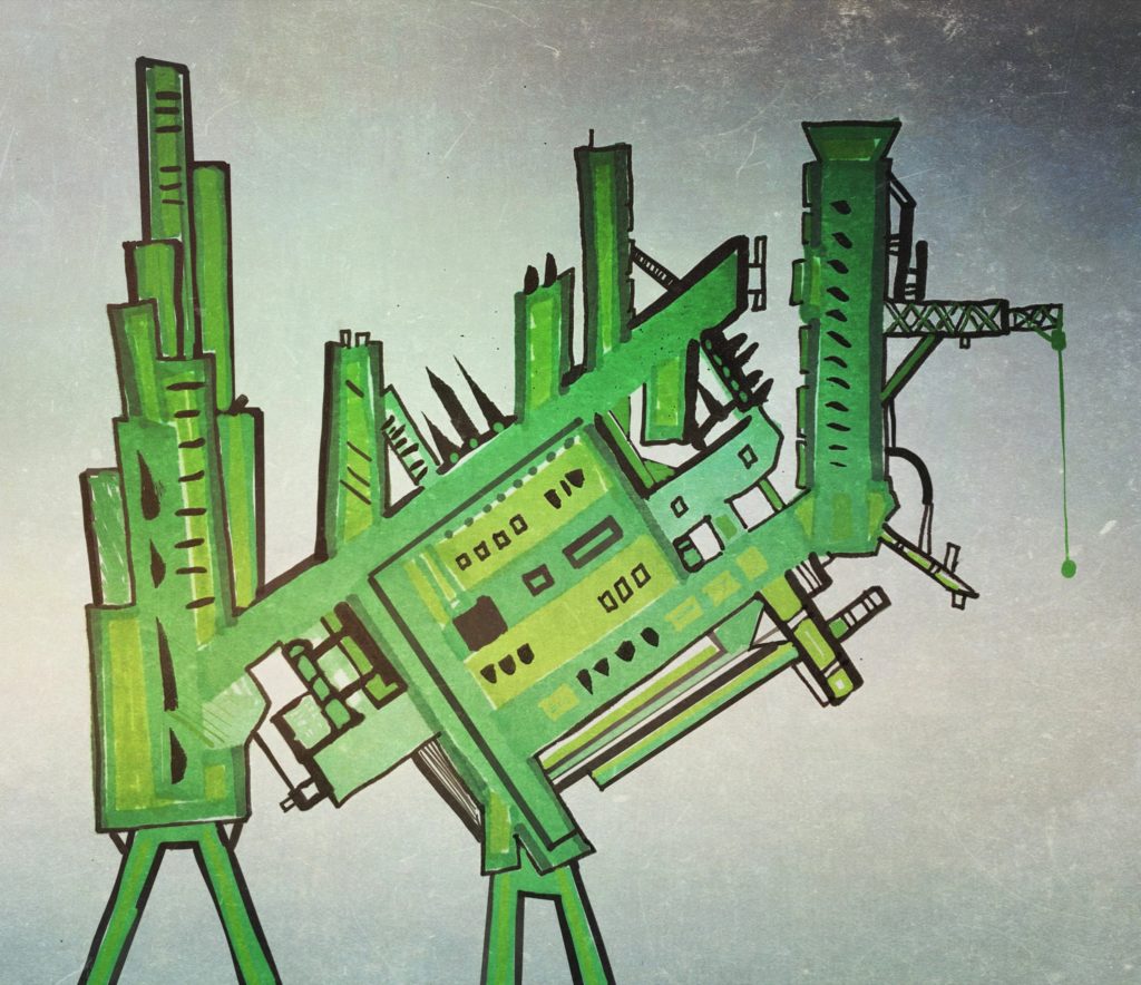 green doodled building in marker and pen
