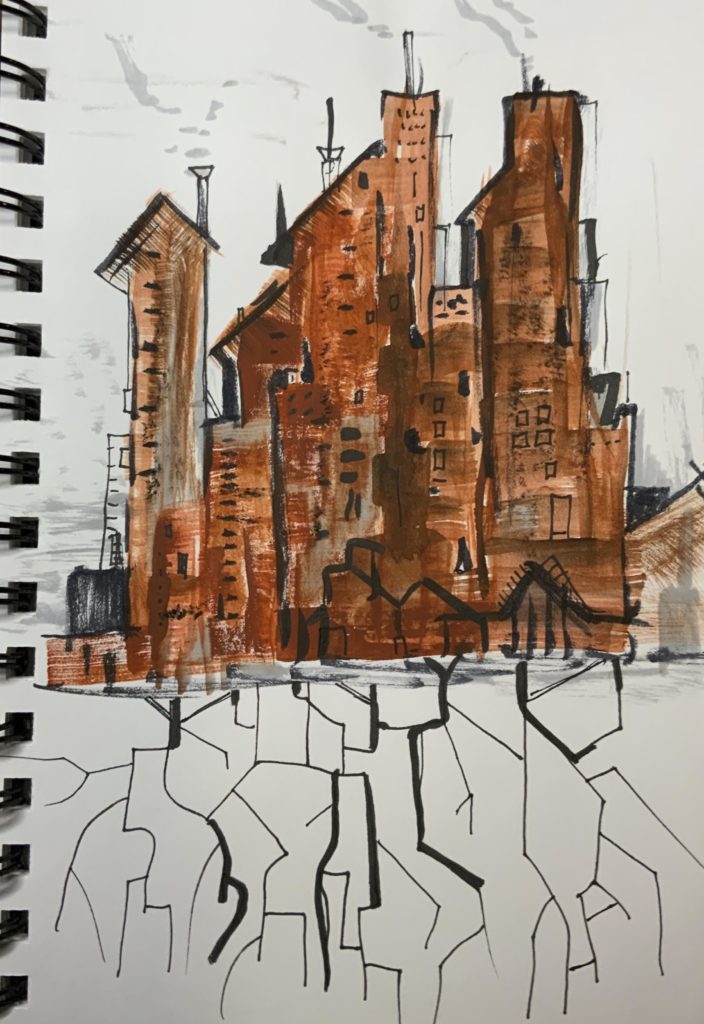 random cityscape doodle with roots
