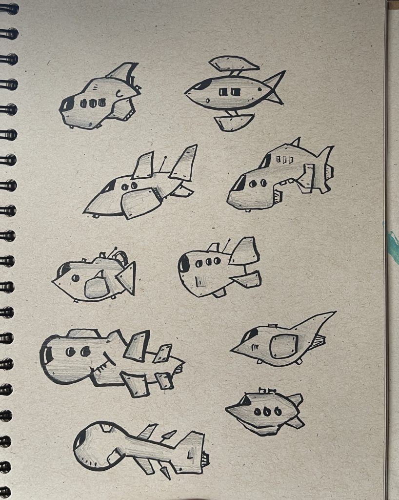 doodled space ships in marker and pencil